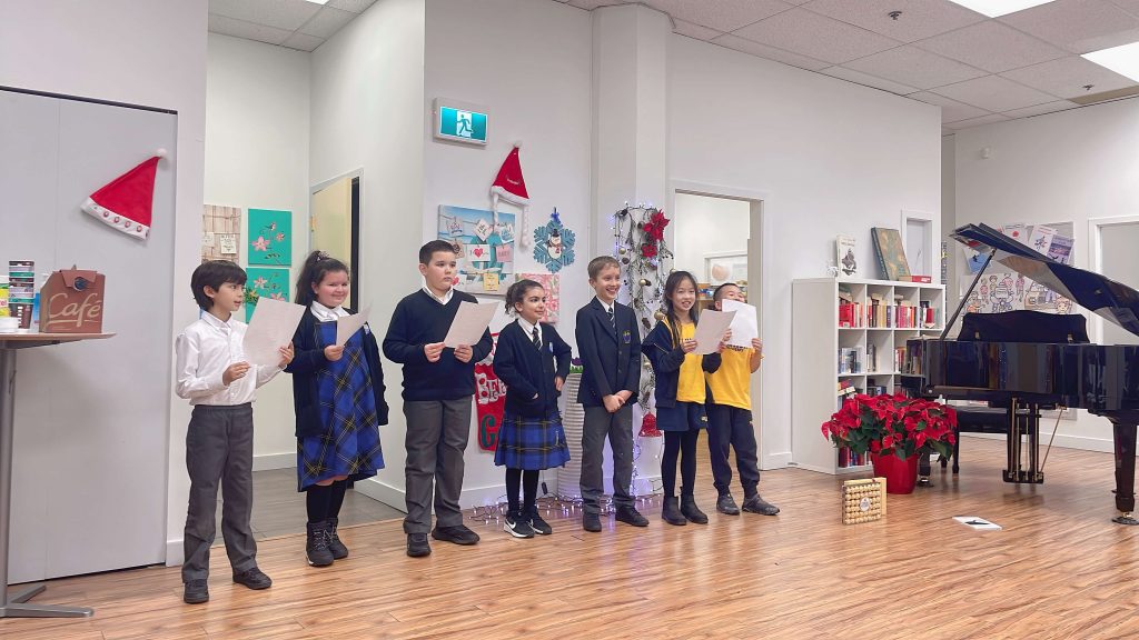 kindergarten classroom at Columbia Academy private elementary school Vancouver with small group of students learning