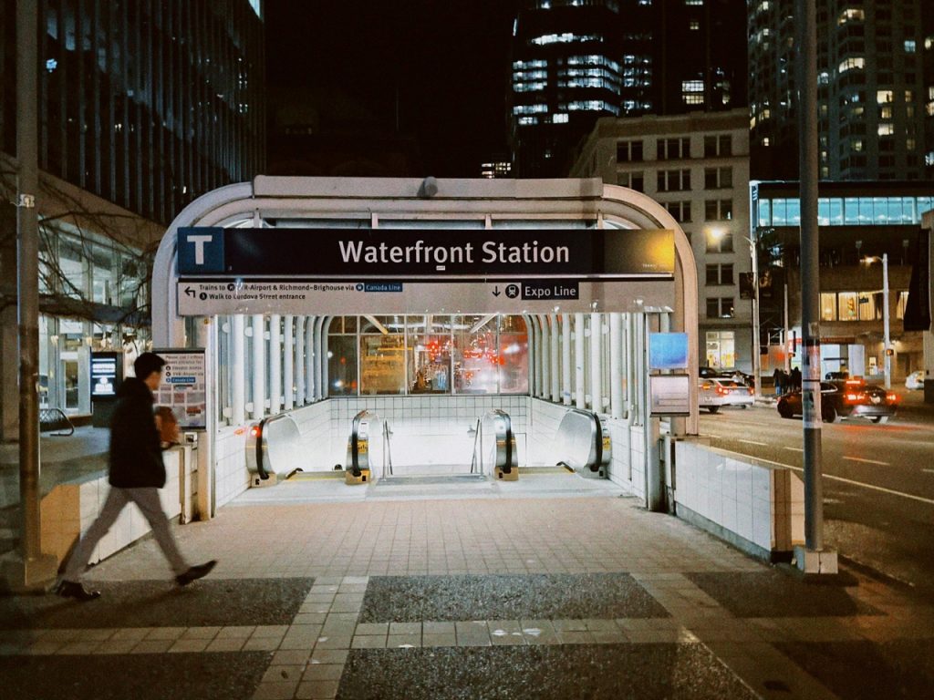 Waterfront Station SkyTrain entrance near Columbia Academy Coal Harbour private high school Vancouver student commute safety